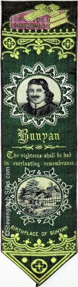 Green background bookmark with portrait of John Bunyan and also image of his birthplace