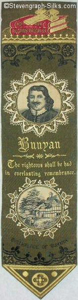 Brown background bookmark with portrait of John Bunyan and also image of his birthplace