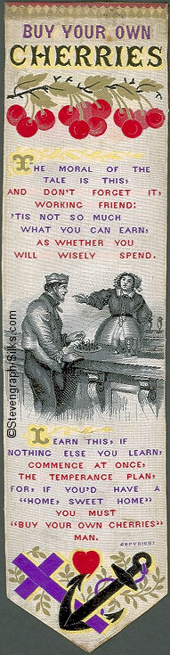 Words and image of man helping himself to cherries and lady chastising him