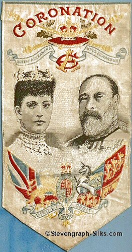 Portrait images of Queen Alexandra and King Edward VII, on short favour type lapel badge