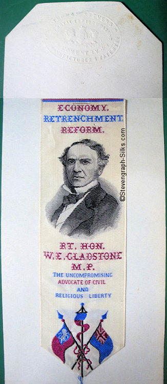Bookmark with words, image of Gladstone and flags