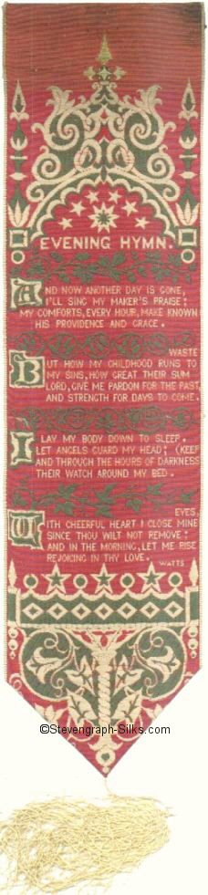 Red background bookmark with words of Evening Hymn, beneath a gothic arch