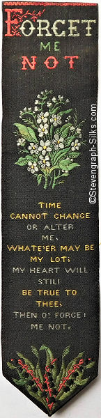 Bookmark with title words, image of Forget-me-not flowers, and words of a verse