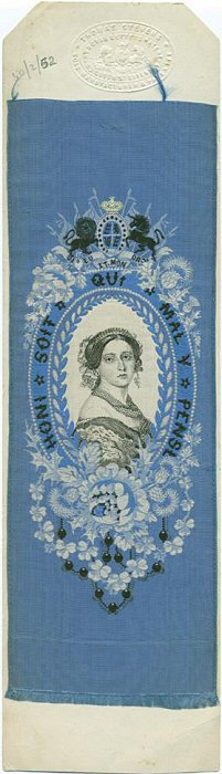 Blue ribbon with portrait of Queen Victoria, still attached to stiff card with Thomas Stevens impressed logo