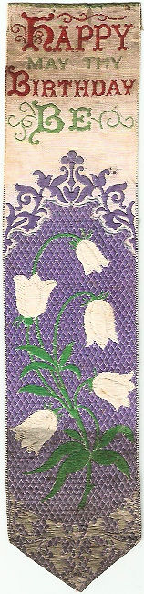 Bookmark with title words and image of five harebell flowers