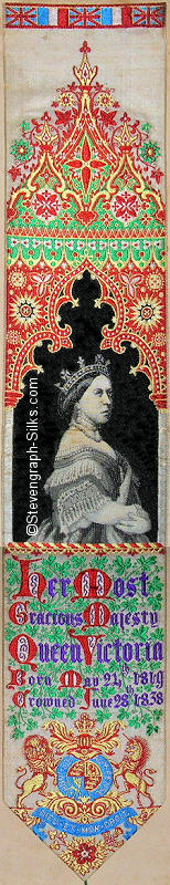 Ornate bookmark with picture of Her Majesty Queen Victoria with dates of birth and coronation