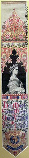 Ornate bookmark with picture of Her Majesty Queen Victoria with dates of birth and coronation