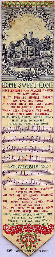 Bookmark of old mansion house, with words and music to song Home Sweet Home