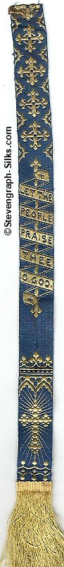 Narrow religious bookmark, woven in blue silk, with title words