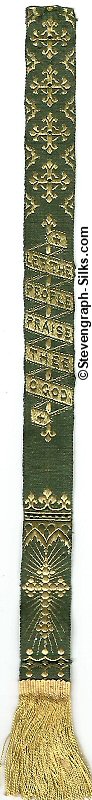 Narrow religious bookmark, woven in green silk, with title words