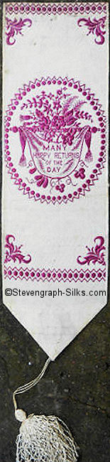Bookmark with title words on a drape in a central roundel device