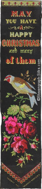 Bookmark with a few words and large image of bird sat on branch of red roses and rose buds