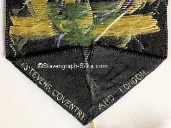 Stevens woven name on the reverse bottom pointed end of this silk