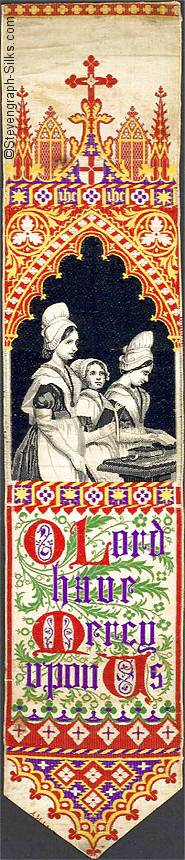 Bookmark with three ladies stood at rail, with gothic arch above, and words below
