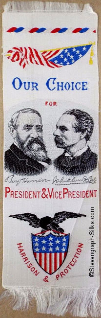 Bookmark with title words and portraits of Harrison and Protection