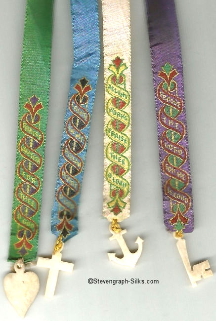 Narrow religious bookmark with title words, joined with other narrow religious bookmarks, all with attached ornaments