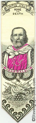 Bookmark with portrait of Garibaldi, and images of cannon and flags