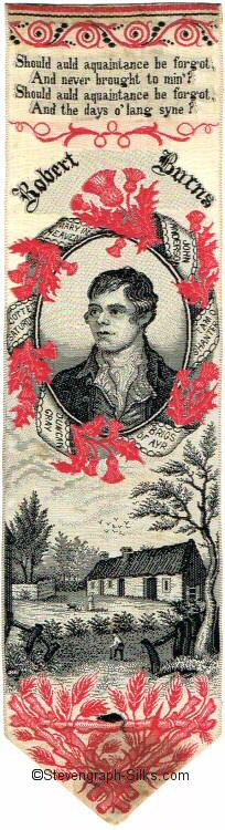 Bookmark with part of Burns poems, portrait of Burns and image of his house
