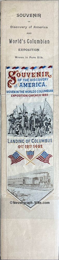 Bookmark with words, image of Columbus and his men landing in America, and image of crossed flags and steam railway train