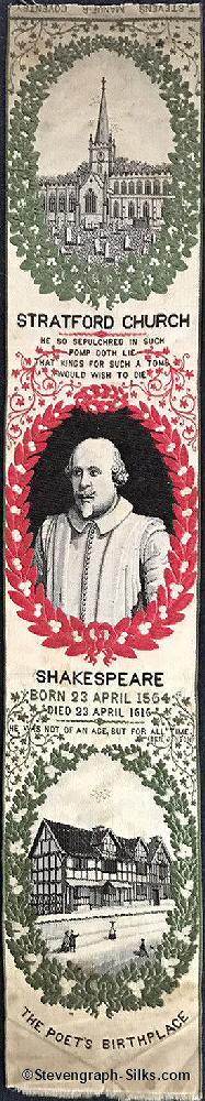 Bookmark with image of The Stratford Church, portrait of Shakespeare and image of The Poet's Birthplace, together with words