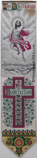 Bookmark with The Christ ascending to heaven, and image of large cross with words inside