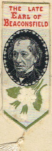 Small bookmark or favour with title words above image of Benjamin Disraeli (Earl of Beaconsfield)