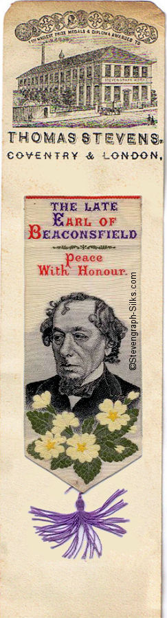 Small bookmark with title words above image of Benjamin Disraeli (Earl of Beaconsfield)