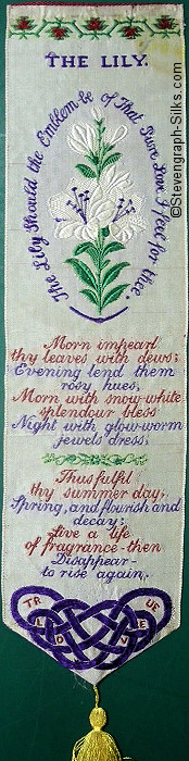 Bookmark with words wrapped around image of a lily flower, and words of poem below