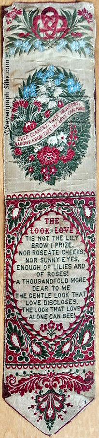 Large bookmark with design of Lover's Knot, ribbon over a bunch of flowers and verse surrounded by pattern)