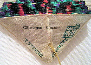 Stevens logo and diamond registration mark on the rear of this silk bookmark