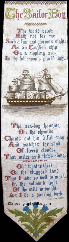 Bookmark with words and image of a three masted, two funnelled ship