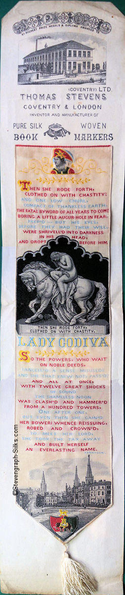 Bookmark with words and image of Peeing Tom and Lady Godiva on horseback