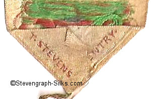 Woven makers name, T. Stevens Coventry, woven on the reverse pointed end of this bookmark