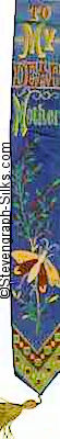 Blue silk bookmark with title words and image of butterfly and flowers