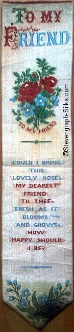 silk bookmark with title words, flowers with words beneath, and verse