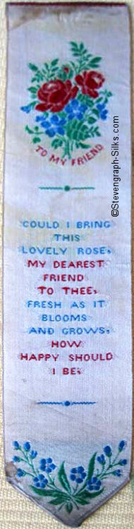 silk bookmark with flowers with words beneath, and verse