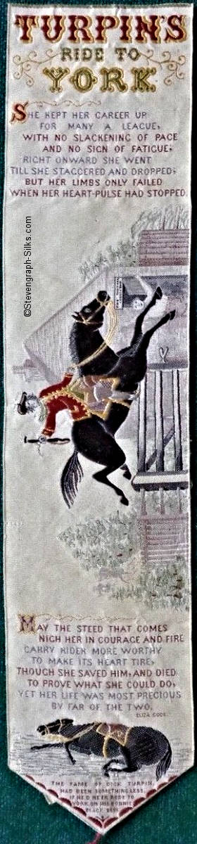 Bookmark with title words, short verse, image of Turpin leaping the toll gate on his horse Black Bess, followed by remainder of verse