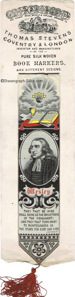 Bookmark with image of the Holy Bible, portrait of Wesley and words