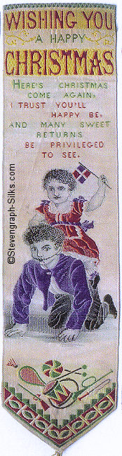 Silk bookmark with title words, words of verse, and image of a little child riding on the back of her father