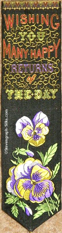 Bookmark with words and motif of pansy flowers