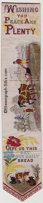 bookmark with title words and image of farmer ploughing with a horse being lead by a boy