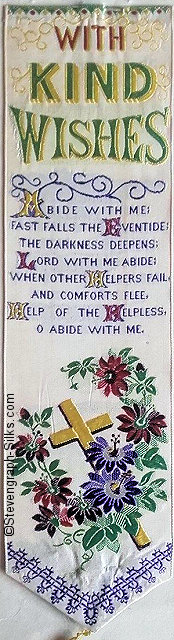 Bookmark with words With Kind Wishes and motif of cross and flowers