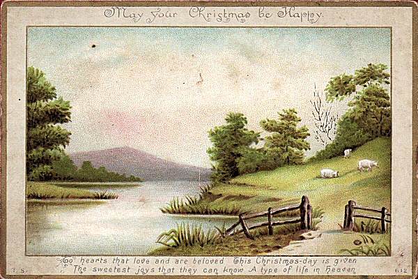 Miscellaneous printed card with pastoral view, and title words - May your Christmas be happy