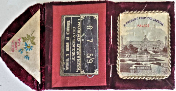 needle case with woven silk on the fold over flap, with words "With Best Wishes", and woven image of The Crystal Palace
