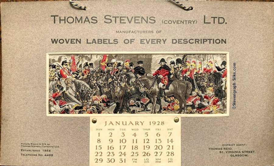 Image of the Stevengraph WELLINGTON & BLUCHER, mounted as a calendar for 1928