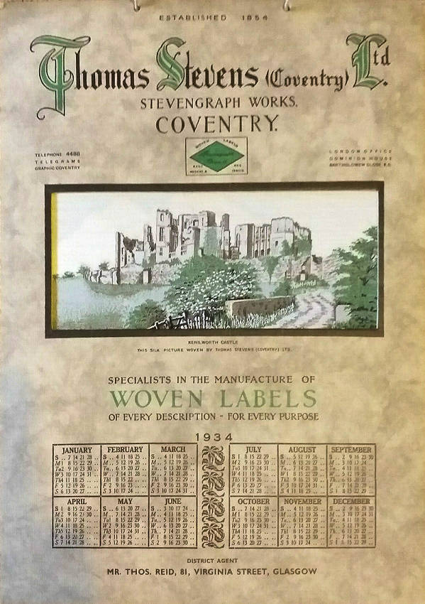 Image of the Stevengraph KENILWORTH CASTLE, mounted as a calendar for 1934