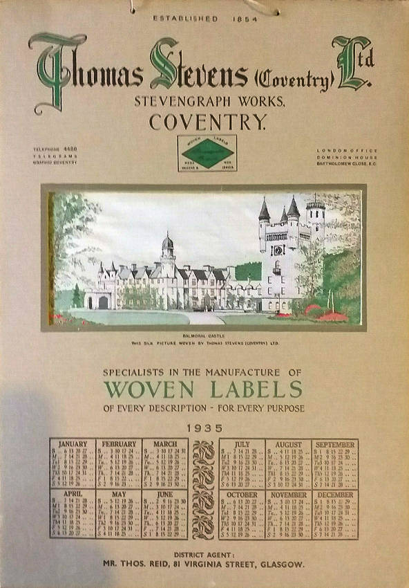 Image of the Stevengraph BALMORAL CASTLE, mounted as a calendar for 1936