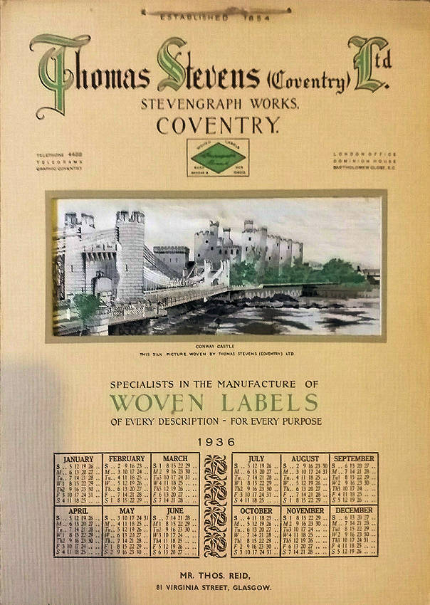 Image of the Stevengraph CONWAY CASTLE & BRIDGE, mounted as a calendar for 1936