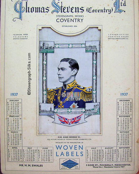 Image of the Stevengraph portrait of H.M. KING GEORGE VI, mounted as a calendar for 1937