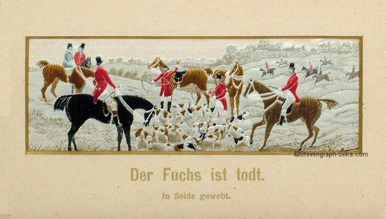 Stevens silk depicting the death of a fox, with German title, Der Fuchs ist todt, printed on card mount